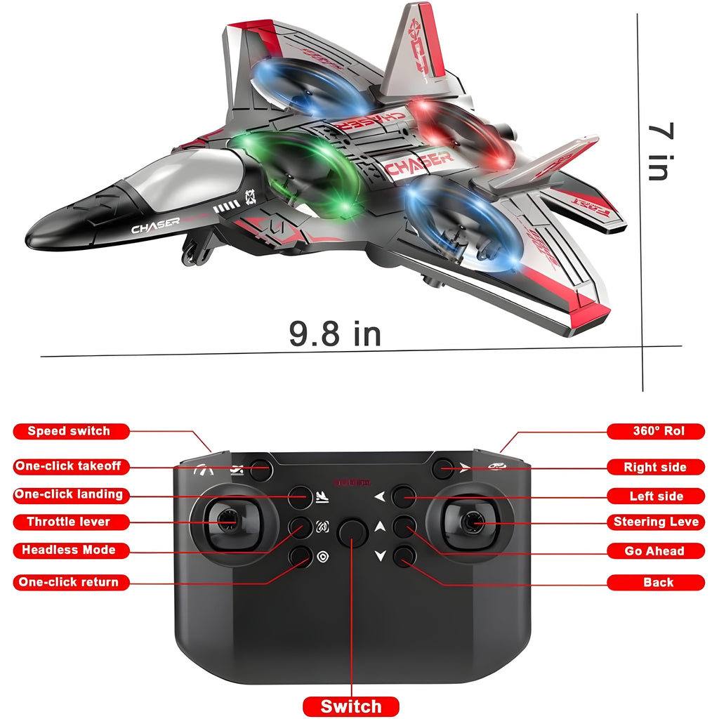 RC Plane EPP Foam Glider Fighter Jet with LED Light 360° Flip Altitude Hold One Key Takeoff Landing